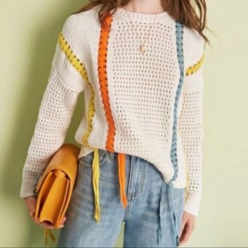 Gabby Isabella White Cotton Knit Rainbow Ribbon Lace Up Sweater L Spring Easter‎
